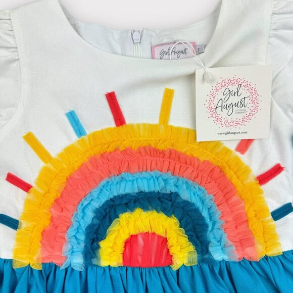 Sz 7 Girl August Stay Golden teal linen rainbow dress and shorts set NWT - Picture 7 of 8